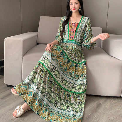 Summer Vintage Cotton Silk Ethnic Style Embroidered Dress Women