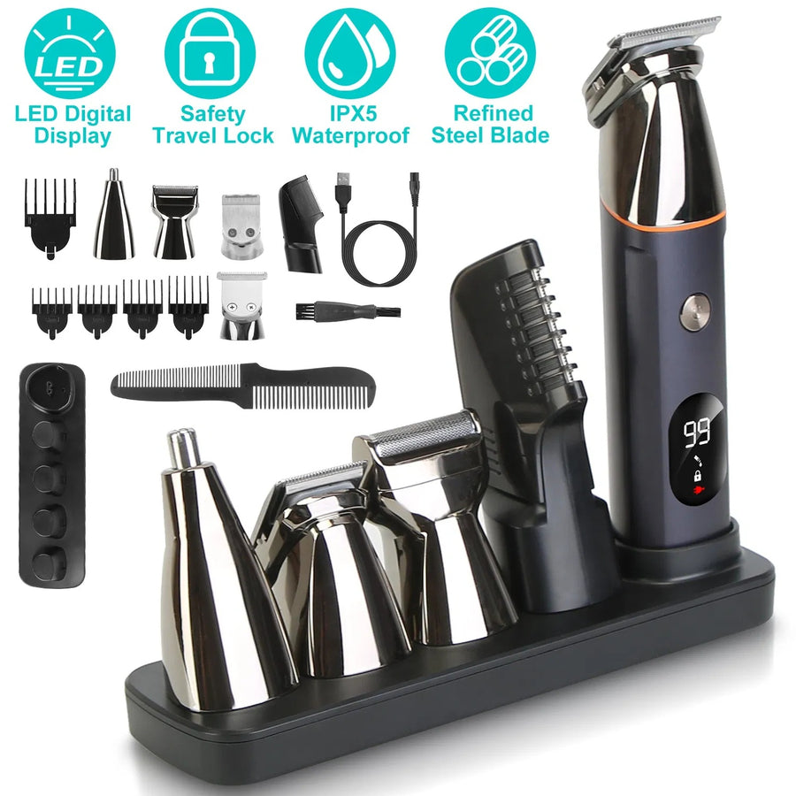 All-In-One Men’s Beard Trimmer – 5-in-1 Waterproof Cordless Grooming Kit with Hair Clipper & Nose Trimmer