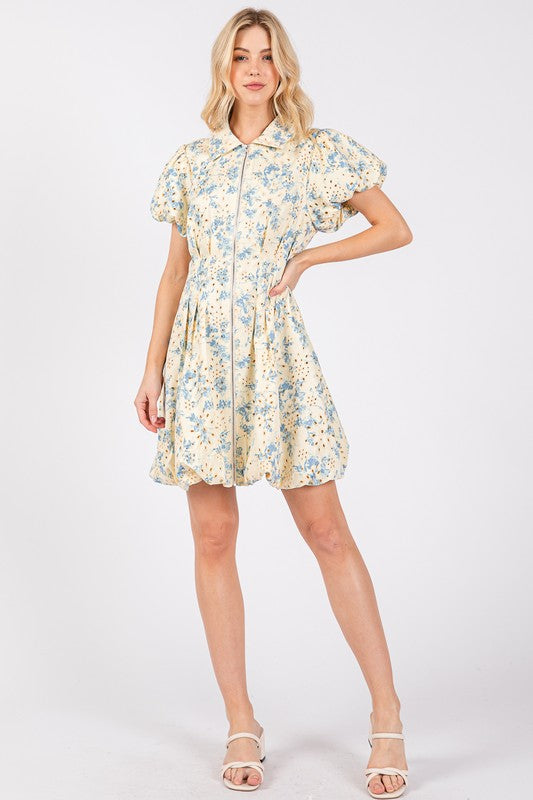 GeeGee Floral Eyelet Zipper Front Puff Sleeve Mini Dress