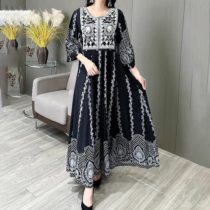 Women's Ethnic Style Floral Embroidered Dress, Elegant 3 4 Sleeve Swing Dress