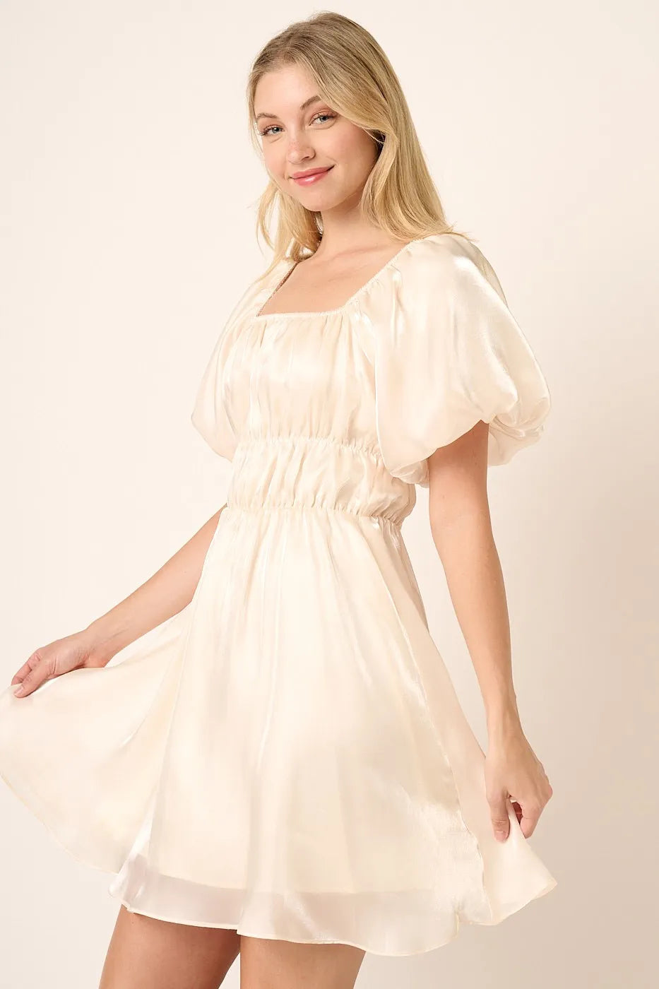 Mittoshop Metallic Organza Fabric Balloon Sleeve Mini Dress