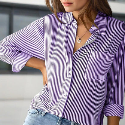 Women's Elegant Striped Long Sleeve Shirt - Pointed Lapel Collar With Chest Pocket