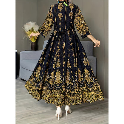 Women's Boho V Neck Maxi Dress Elegant 3 4 Sleeve Ethnic Floral Print Swing Dress