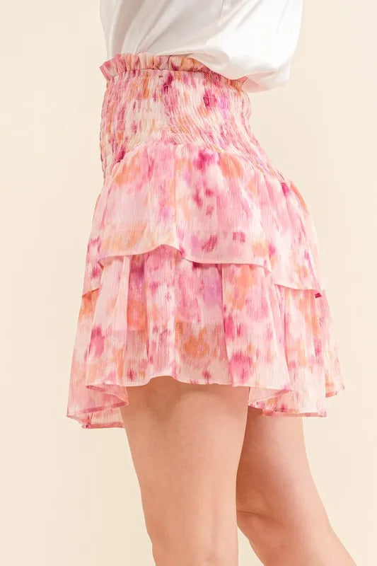 And The Why Printed Lurex Smocked Waist Tiered Skort