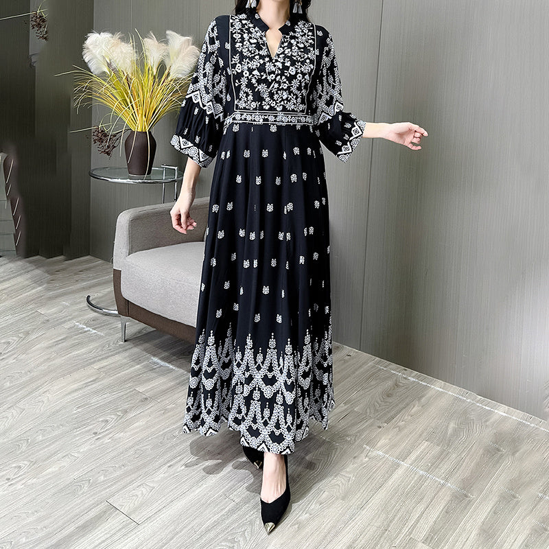 Women's Bohemian Embroidery V-neck Dress, Elegant 3 4 Sleeve A-line Swing Maxi Dress