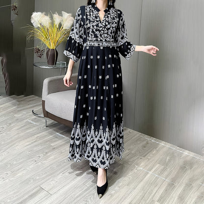 Women's Bohemian Embroidery V-neck Dress, Elegant 3 4 Sleeve A-line Swing Maxi Dress