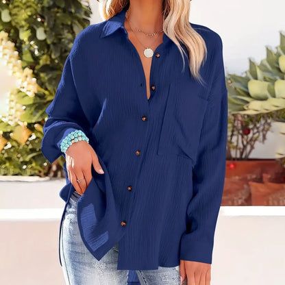Women's Solid Color V-Neck Long Sleeve Blouse - Textured Button-Up Shirt
