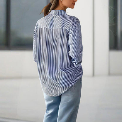 Women's Elegant Striped Long Sleeve Shirt - Pointed Lapel Collar With Chest Pocket