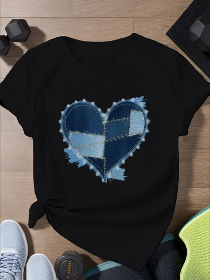 Heart Shaped Denim Pattern Women's Plus Size Sports Short Sleeve T-Shirt