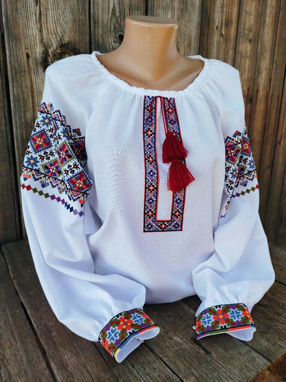 Authentic Ukrainian Vyshyvanka – Women's Embroidered Blouse on White Homespun Fabric