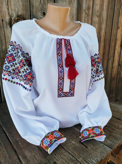 Authentic Ukrainian Vyshyvanka – Women's Embroidered Blouse on White Homespun Fabric