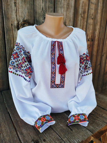 Authentic Ukrainian Vyshyvanka – Women's Embroidered Blouse on White Homespun Fabric