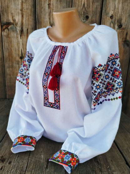 Authentic Ukrainian Vyshyvanka – Women's Embroidered Blouse on White Homespun Fabric