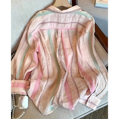 Women's Button Down Shirts Stylish Striped Long Sleeve Collared Office Work Blouses Tops