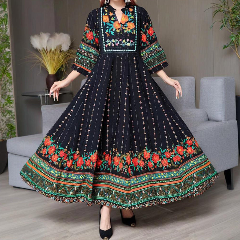 Women's Ethnic Style V-Neck Long Sleeve Dress
