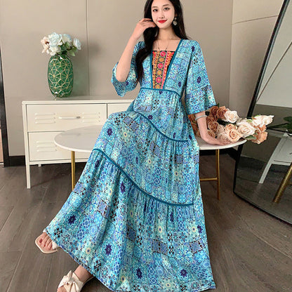 Summer Vintage Cotton Silk Ethnic Style Embroidered Dress Women