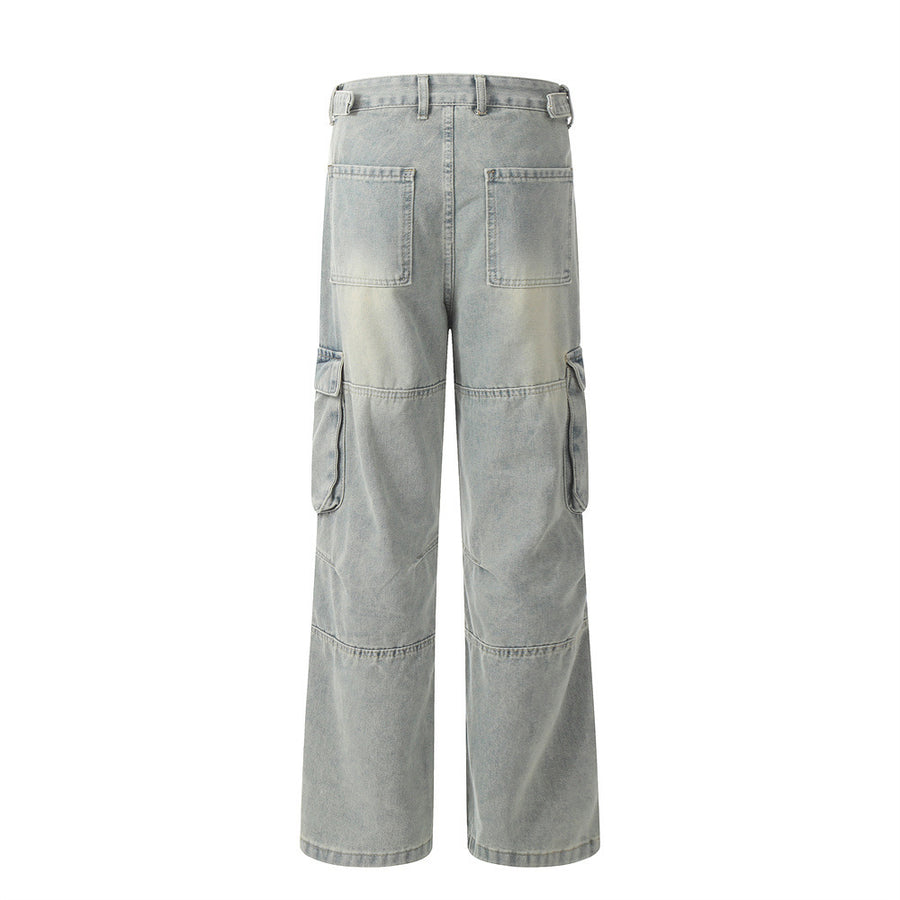 Punk Old Wash Denim Cargo Pants Trousers Men
