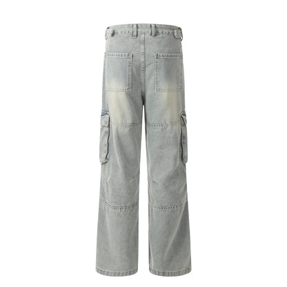 Punk Old Wash Denim Cargo Pants Trousers Men