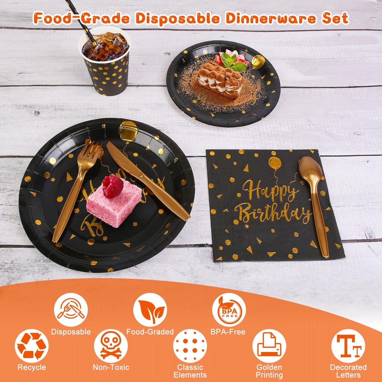 201PCS Black Gold Birthday Party Supplies For 25 Guests