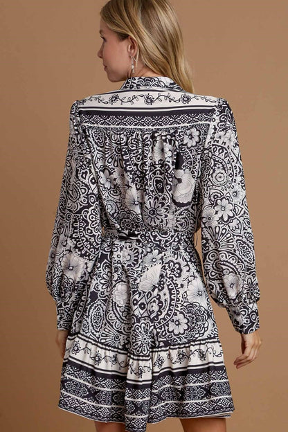 Umgee Full Size Two Tone Floral Border Print Tie Waist Mini Dress Plus