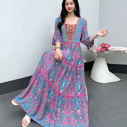 Summer Vintage Cotton Silk Ethnic Style Embroidered Dress Women