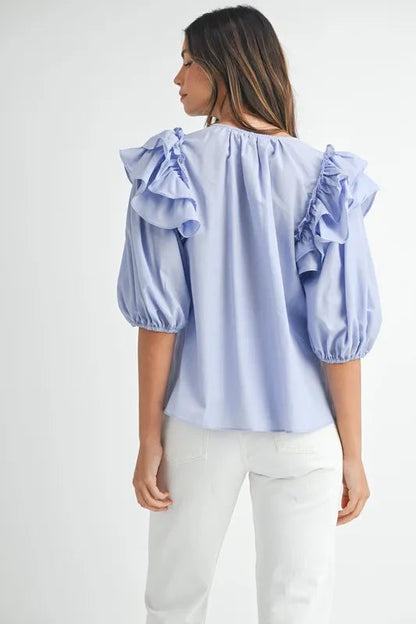 MABLE Stripe Ruffle Shoulder Puff Sleeve Blouse