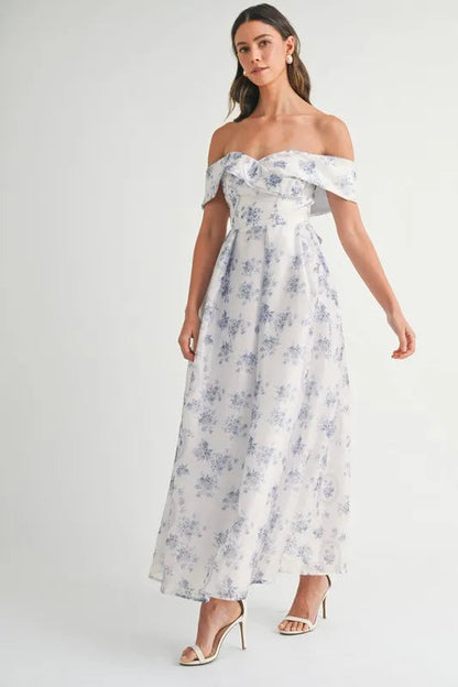 MABLE Floral Printed Off Shoulder Maxi Dress