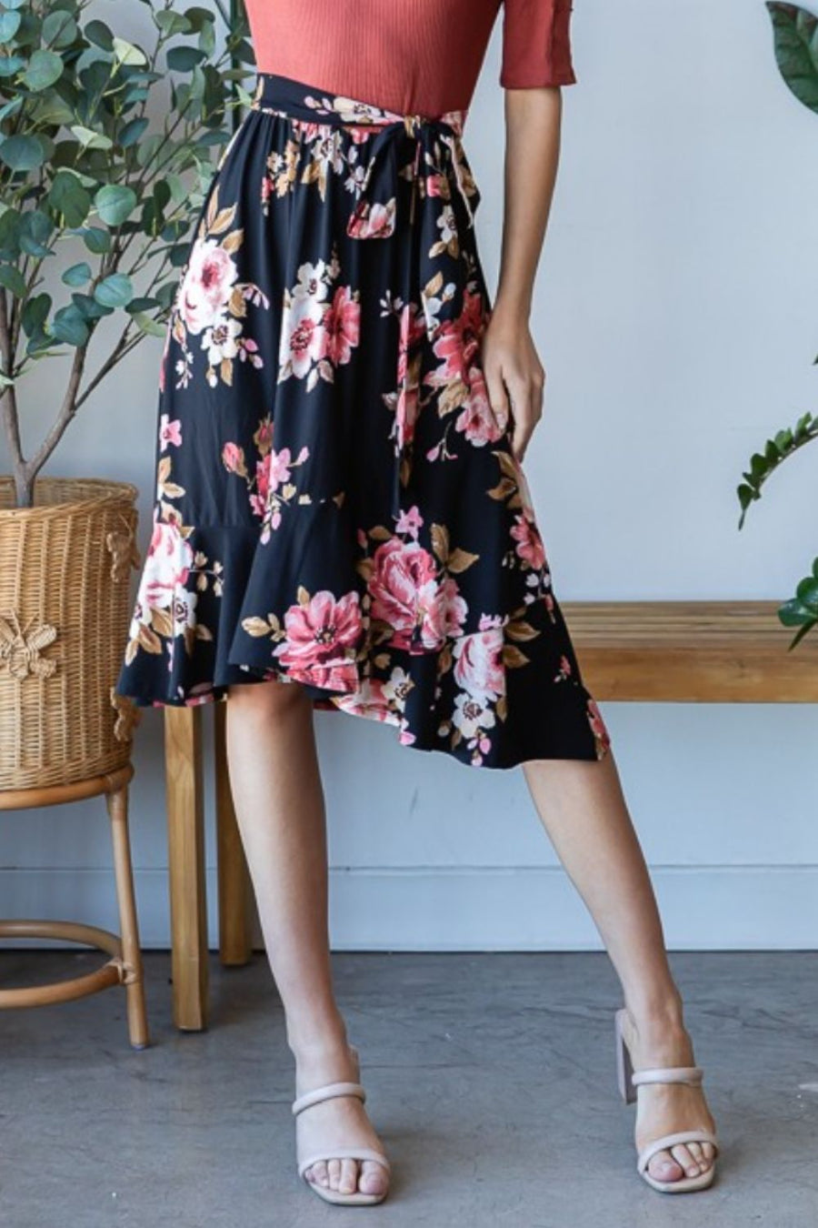 Reborn J Floral Wrap Ruffle Hem Dress