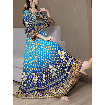 Women's Bohemian Chic Maxi Dress, Ethnic Style Embroidered Square Neck 3 4 Sleeve Flowy Party Dress