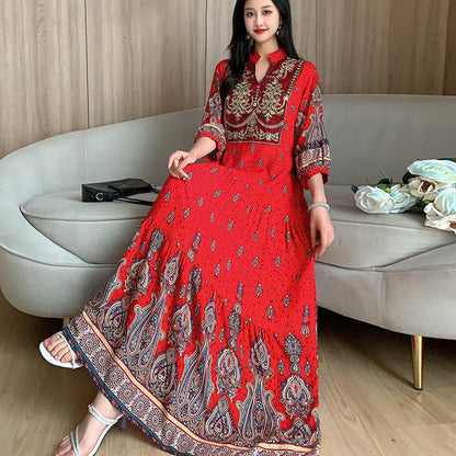 Ethnic Style Dress, Women's Summer Cotton Silk Floral Print