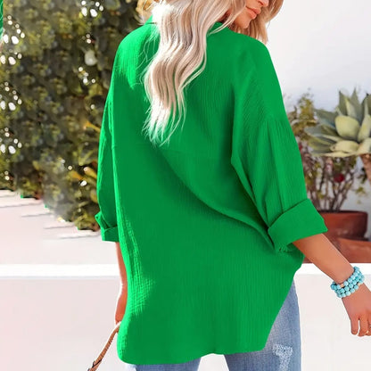 Women's Solid Color V-Neck Long Sleeve Blouse - Textured Button-Up Shirt