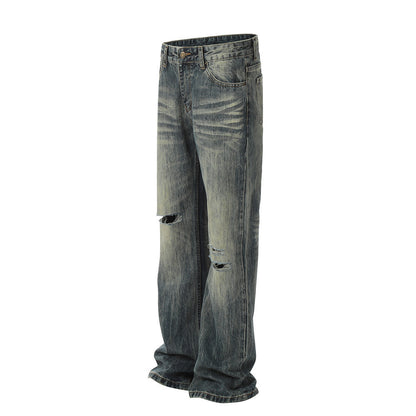 Washing Hole Denim Straight-leg Trousers Men