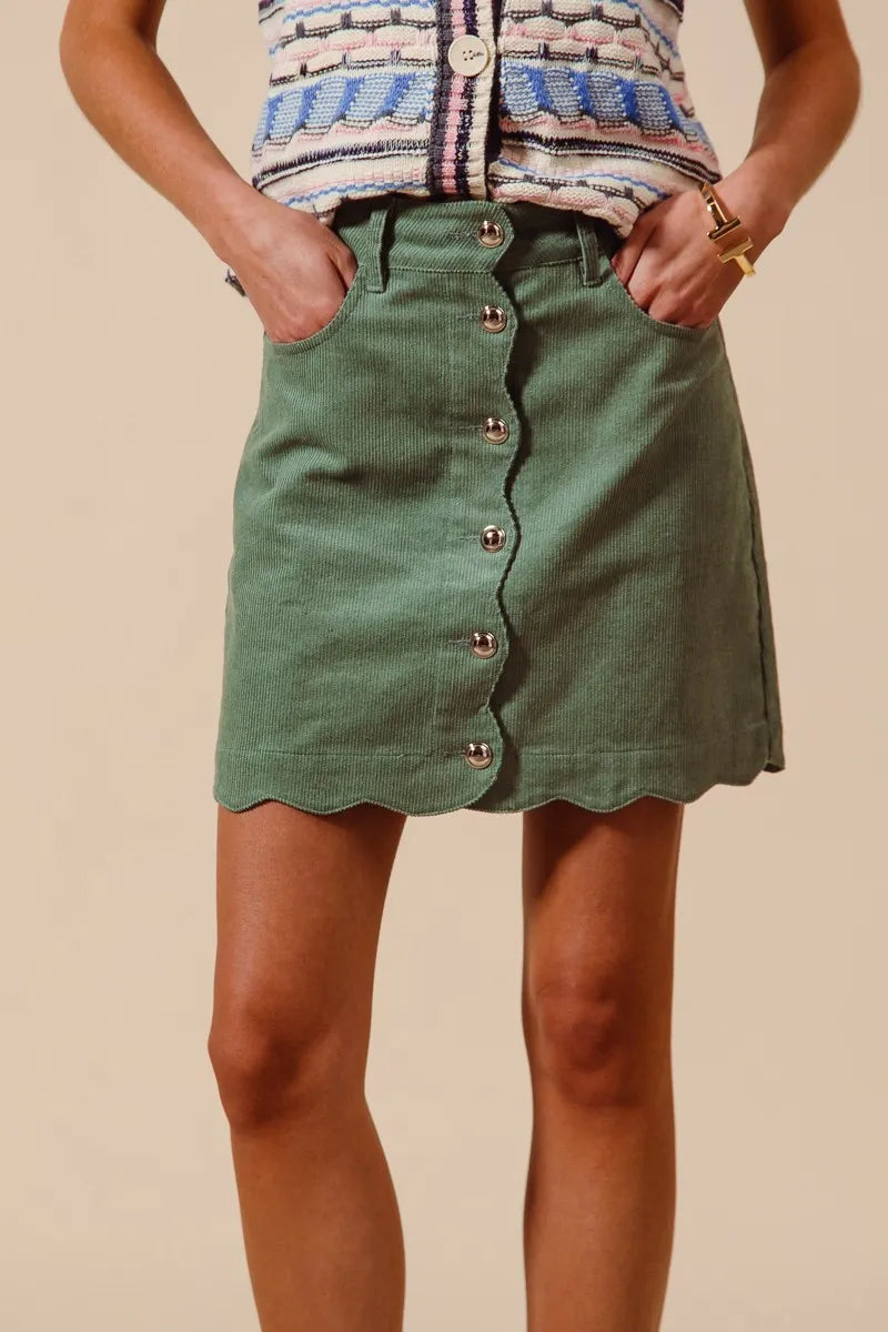 SO ME Scallop Buttoned Front Corduroy Mini Skirt