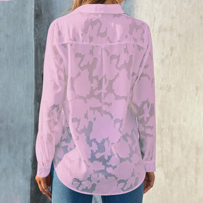 Women's Casual Sheer Button Down Shirts Long Sleeve V Neck Jacquard Blouses Tops