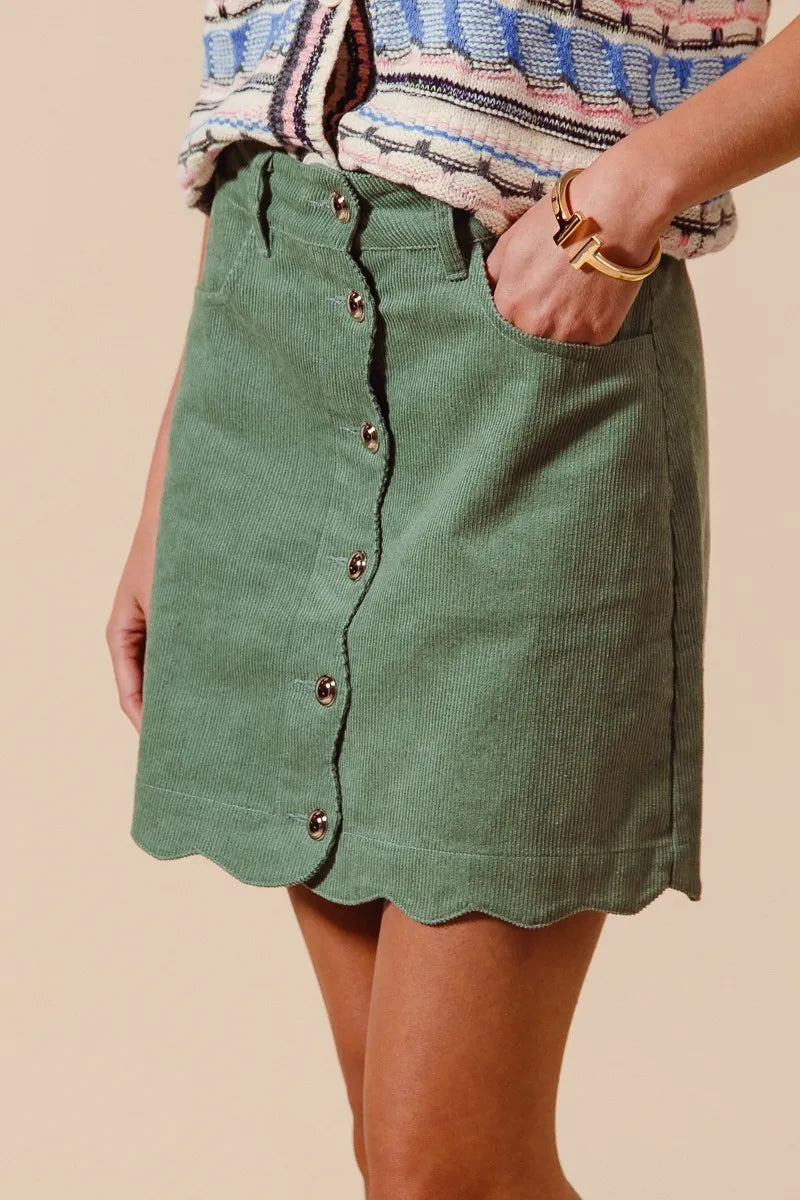 SO ME Scallop Buttoned Front Corduroy Mini Skirt