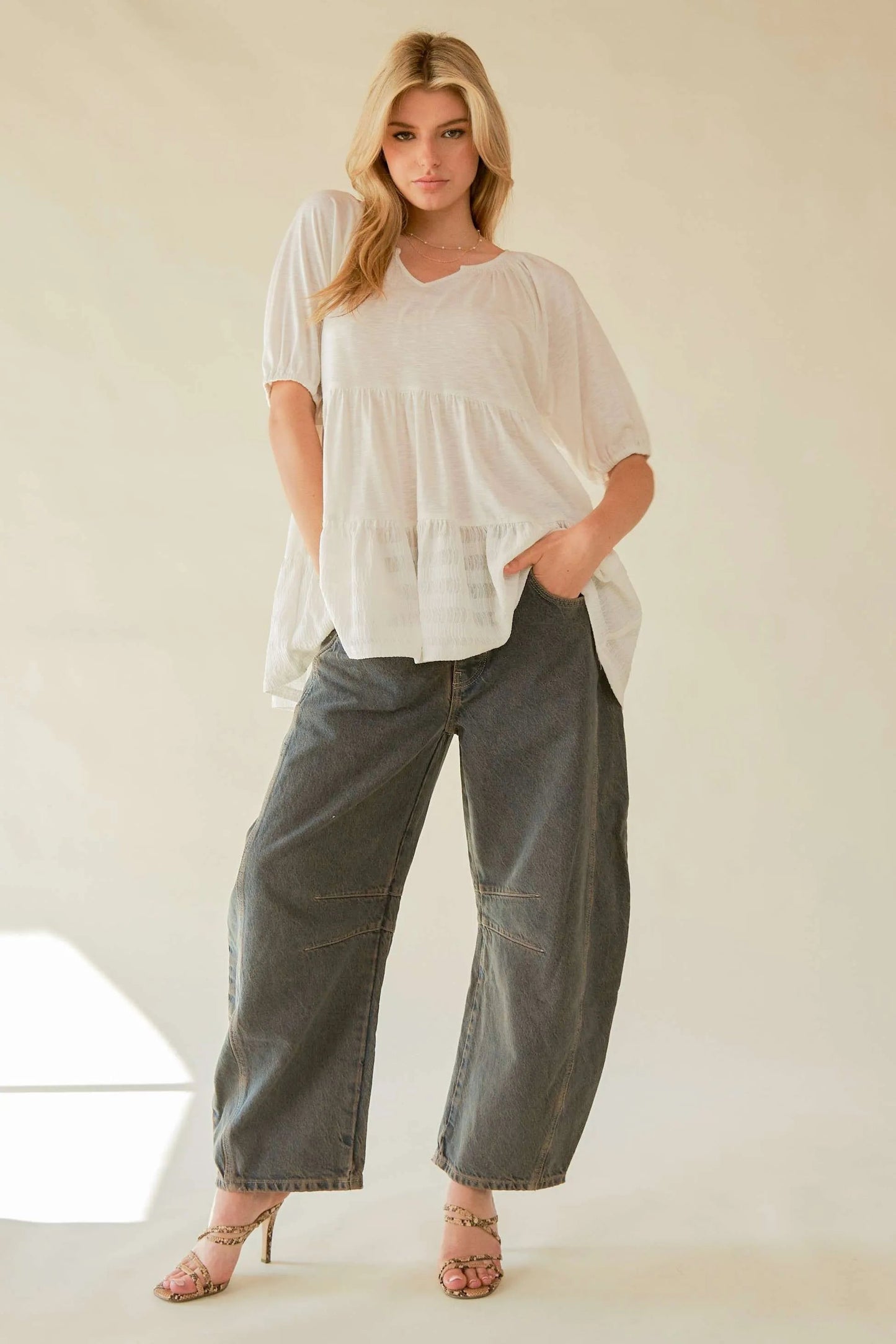 Davi & Dani Ruffled Flared Short Sleeve V Neck Blouse