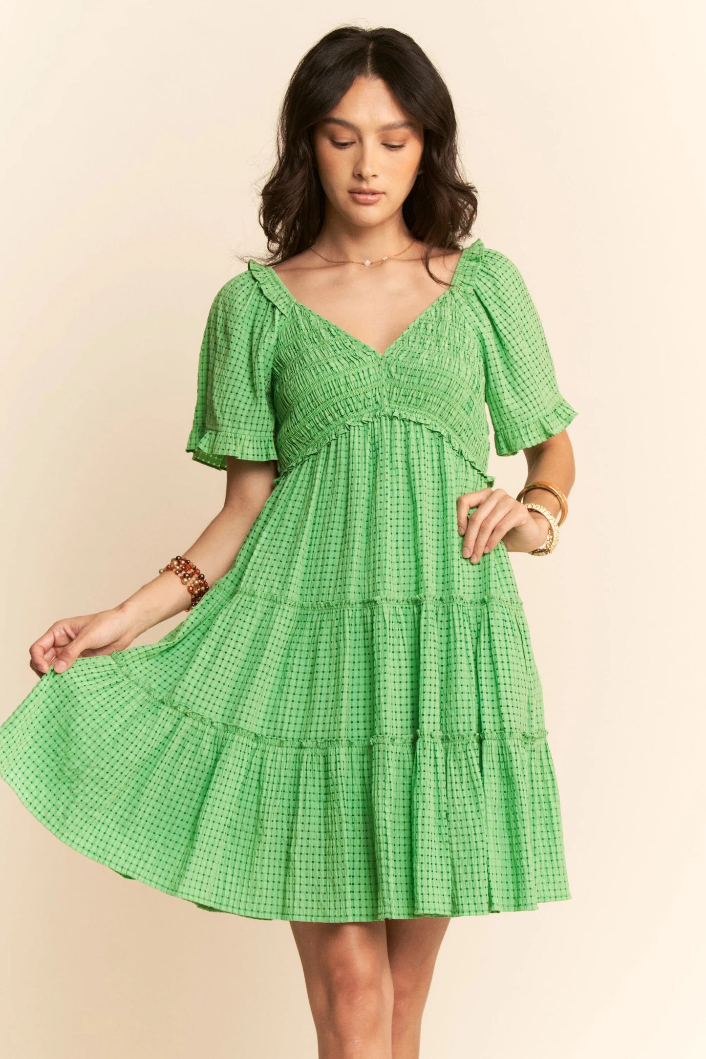 Davi & Dani Jacquard Checker Smocking Tiered Dress