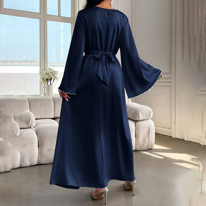 Elegant Round Neck Solid Color Flared Maxi Dress Long Sleeve With Pearl Cuff Detail, Modest A-Line Middle Eastern Abaya Party & Vacation Dress For Women