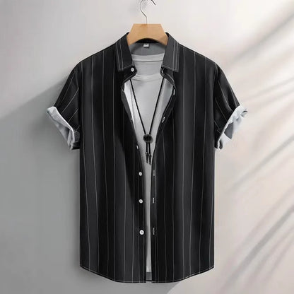 Men's Fashion Trend Stripes Short Sleeve Stand Collar Shirt