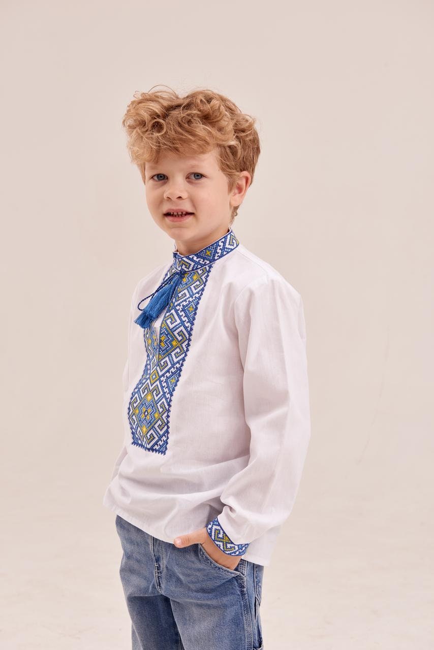 Boys’ Ukrainian Embroidered Shirt “Miron” – White Cotton Vyshyvanka with Red and Black Ornament (5–12 yrs)