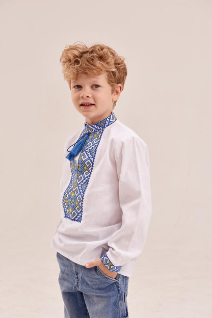 Boys’ Ukrainian Embroidered Shirt “Miron” – White Cotton Vyshyvanka with Red and Black Ornament (5–12 yrs)