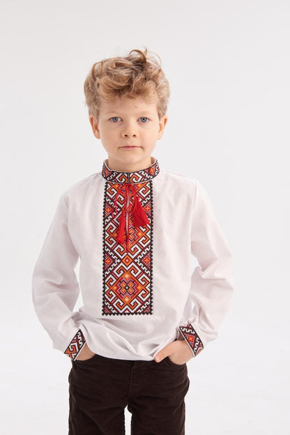 Boys’ Ukrainian Embroidered Shirt “Miron” – White Cotton Vyshyvanka with Red and Black Ornament (5–12 yrs)