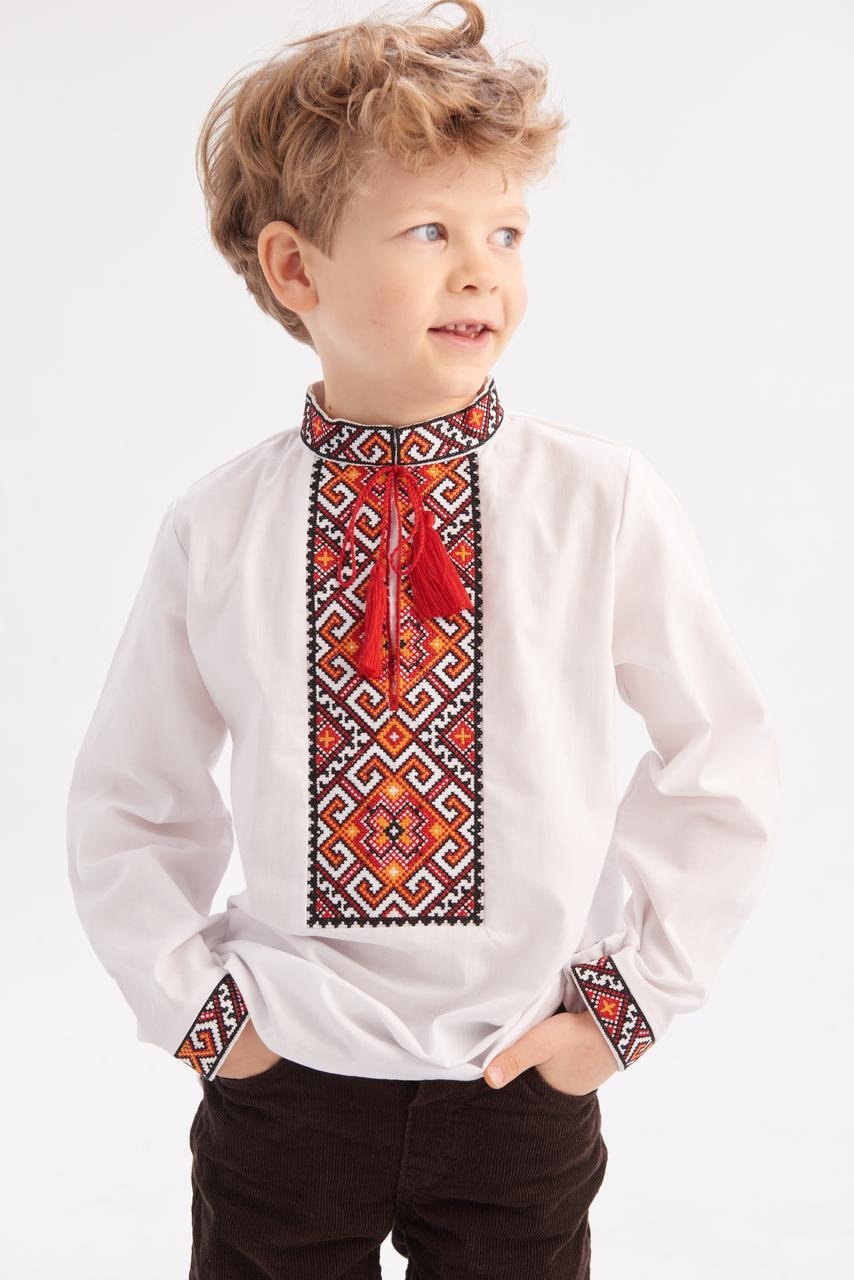 Boys’ Ukrainian Embroidered Shirt “Miron” – White Cotton Vyshyvanka with Red and Black Ornament (5–12 yrs)