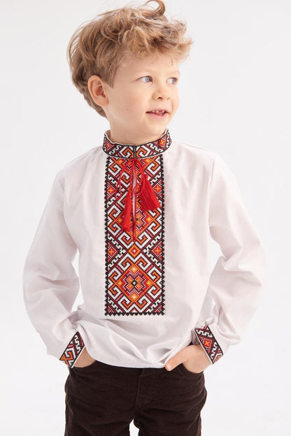 Boys’ Ukrainian Embroidered Shirt “Miron” – White Cotton Vyshyvanka with Red and Black Ornament (5–12 yrs)