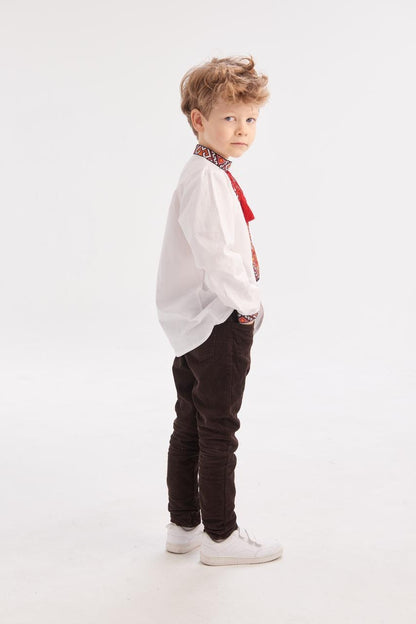 Boys’ Ukrainian Embroidered Shirt “Miron” – White Cotton Vyshyvanka with Red and Black Ornament (5–12 yrs)