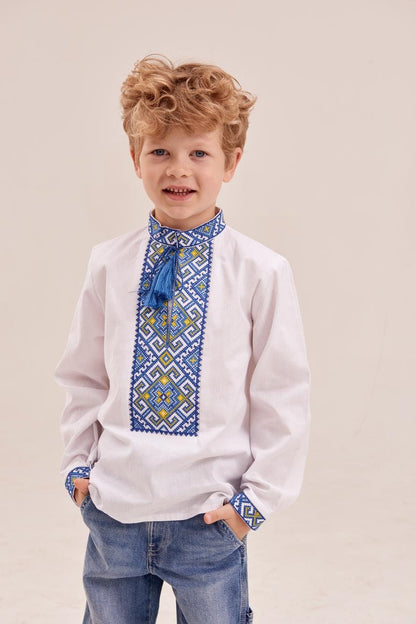 Boys’ Ukrainian Embroidered Shirt “Miron” – White Cotton Vyshyvanka with Red and Black Ornament (5–12 yrs)