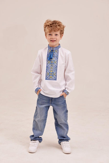 Boys’ Ukrainian Embroidered Shirt “Miron” – White Cotton Vyshyvanka with Red and Black Ornament (5–12 yrs)