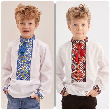 Boys’ Ukrainian Embroidered Shirt “Miron” – White Cotton Vyshyvanka with Red and Black Ornament (5–12 yrs)