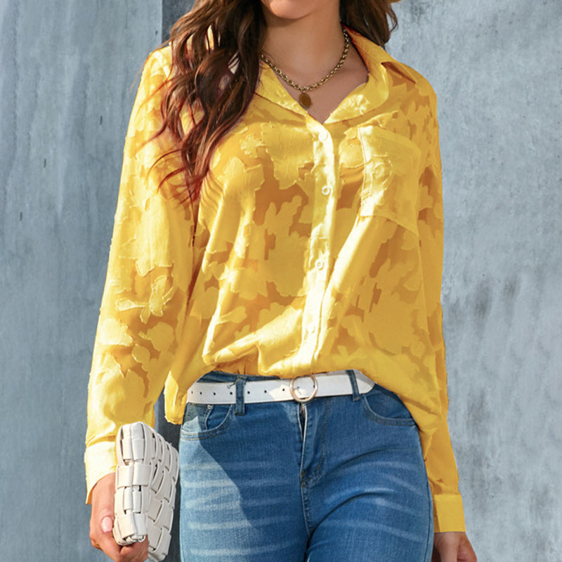 Women's Casual Sheer Button Down Shirts Long Sleeve V Neck Jacquard Blouses Tops