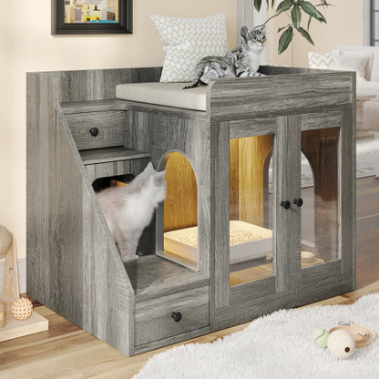 GO Cat Litter Box Enclosure With Light , Hidden Litter Box Furniture With 2 Storage Drawers, Indoor Cat House Side Table For Living Room